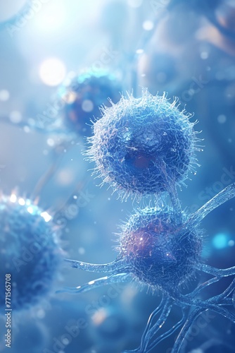Cell CommunicationPlasma B cell, antibody factory, calm blue tones, macro shot, softfocus background, gentle illumination