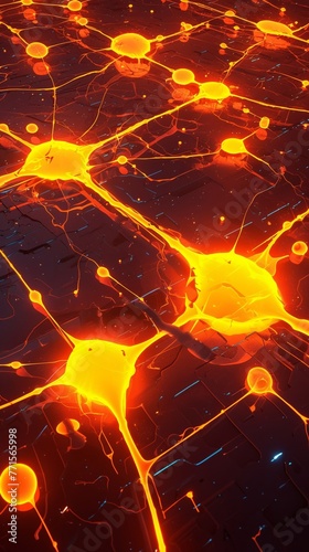 Dopamine neurotransmitter joy pathway, aerial shot, glowing orange track, high contrast, detailed joy