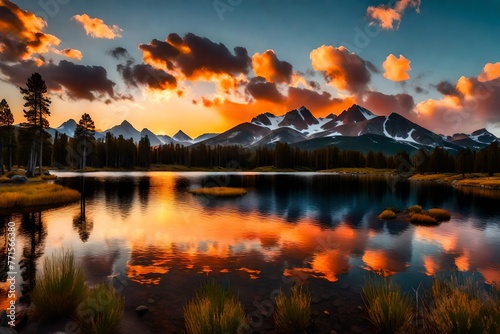 Summer Sunset at Sprague Lake: This expansive image of the lake's sunset features the high peaks of the Continental Divide rising along the shore. photo