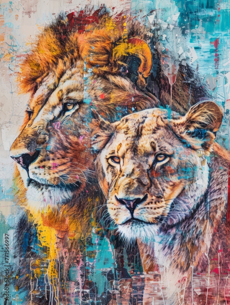 Fototapeta premium A painting featuring two lions in a majestic pose against a blue background