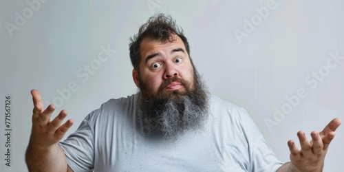 Bearded Man Shrugging Shoulders With a Questioning Expression Against a Pale Background