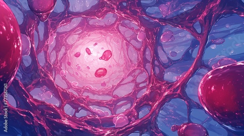 Pinocytosis in epithelial cell, tight view, radiant pink pockets, detailed action, vivid light photo