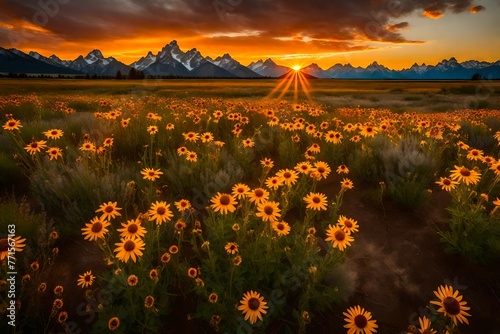 A flaming sunset over a field of wildflowers at Grand Teton National Park, Wyoming. The arrowleaf balsamroot blooms. These fields are there for a few weeks in June. photo