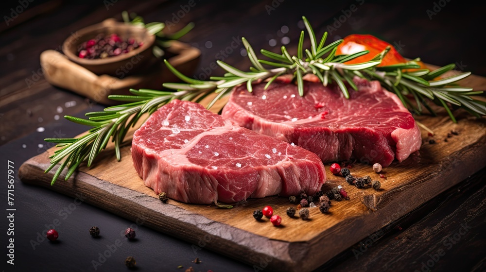 Raw meat, raw beef steak on a cutting board with rosemary and spices. Raw meat, raw beef steak on a cutting board with rosemary and spices.