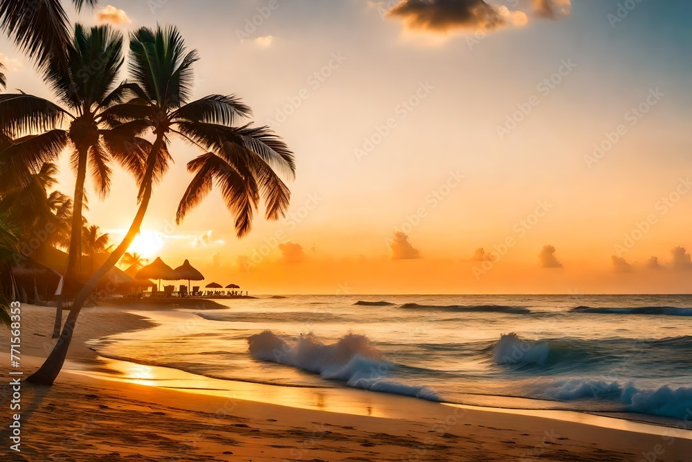 Gorgeous tropical beach scene at sunset on Paradise Island featuring palm tree silhouettes and a backdrop of summer vacations.