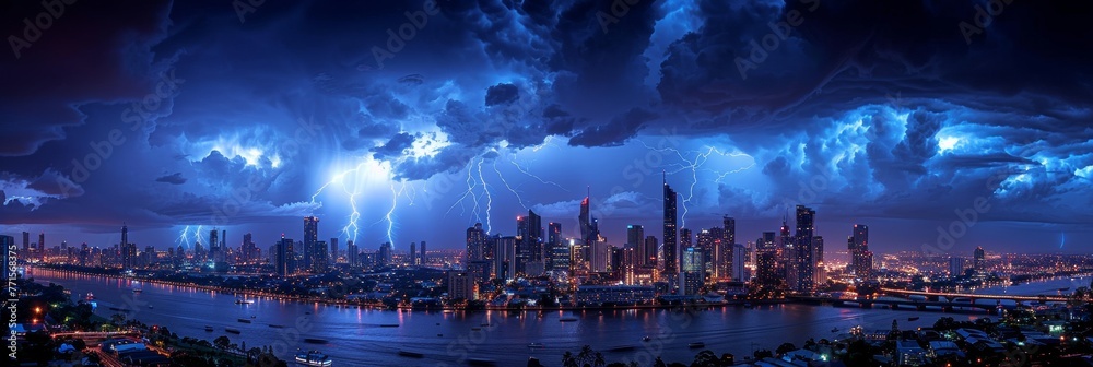 Obraz premium Mesmerizing nocturnal cityscape: vibrant skyline illuminated by dazzling lightning bolts