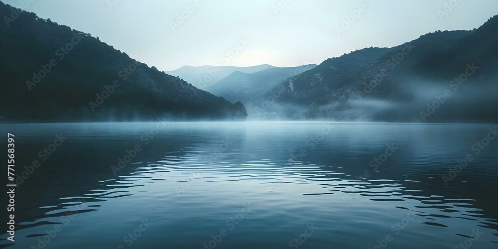 Mountain lake at dawn serene and tranquil with mist rising from the water. Concept Nature Photography, Tranquil Landscapes, Morning Light Reflections, Misty Water Scenes, Mountain Lake Beauty