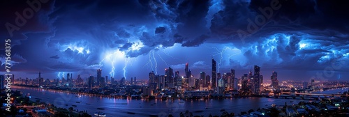 Mesmerizing nocturnal cityscape: vibrant skyline illuminated by dazzling lightning bolts photo
