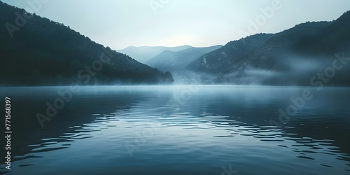 Mountain lake at dawn serene and tranquil with mist rising from the water. Concept Nature Photography, Tranquil Landscapes, Morning Light Reflections, Misty Water Scenes, Mountain Lake Beauty