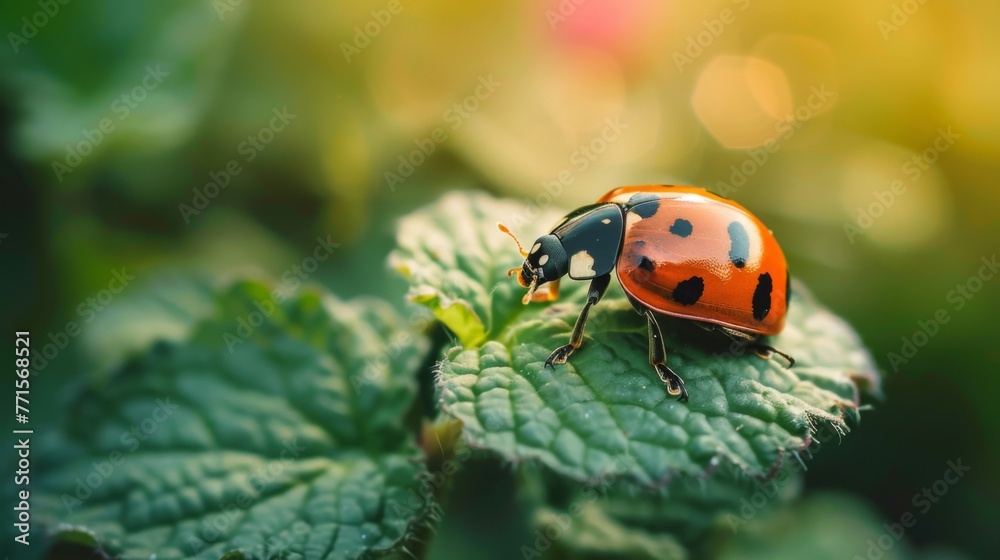 Fototapeta premium Ladybug Resting on Green Leaf