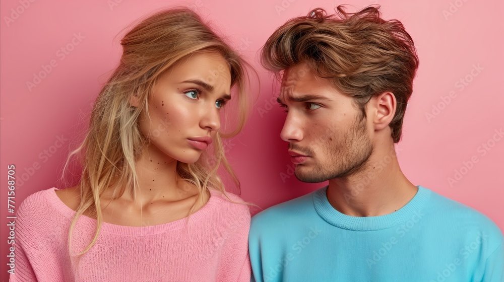 Young Couple Exchanging Displeased Looks Against Pink Background Young Couple Exchanging Displeased Looks Against Pink Background