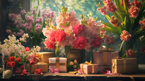 Image of several gift boxes on the table that are beautifully and luxuriously wrapped  as well as flower decorations in vases.