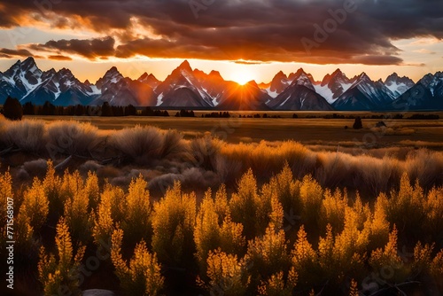Grand Teton sunset - An expansive view of a breathtaking springtime sunset from the ruins of an old ranch. photo
