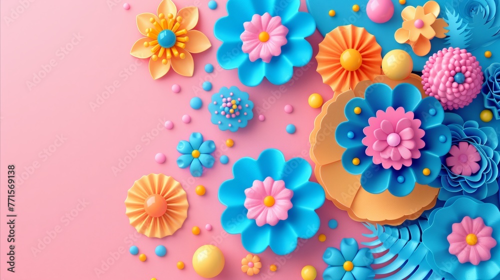 Vibrant Assortment of Paper Flowers on Pink Backdrop