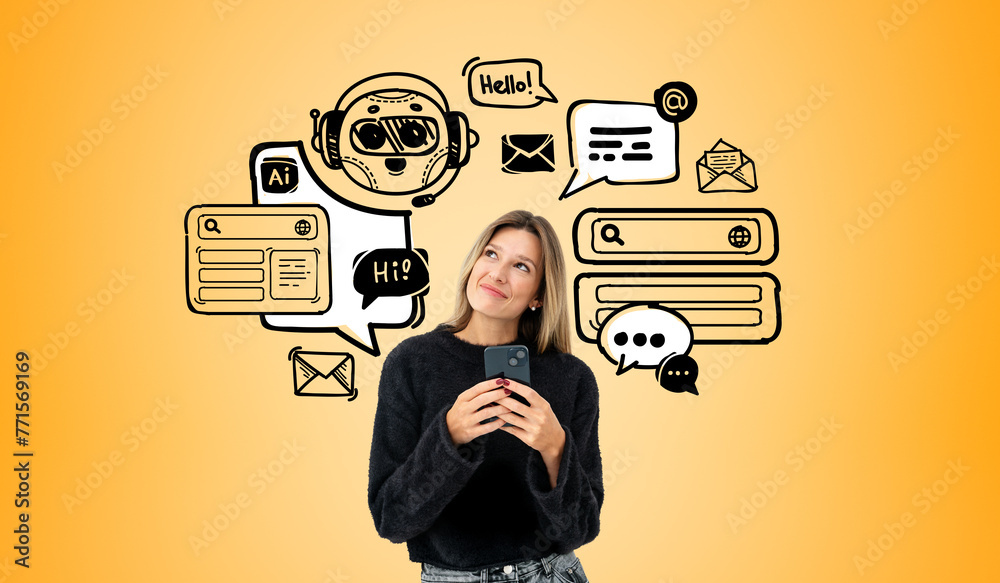 Smiling woman using smartphone and chat bot doodle with web icons - obrazy, fototapety, plakaty 