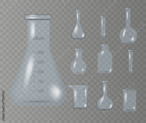 Realistic lab beaker, glass flask and other chemical containers, 3D measuring medical equipment isolated on transparent background. Empty chemical laboratory equipment in realistic style. Vector.
