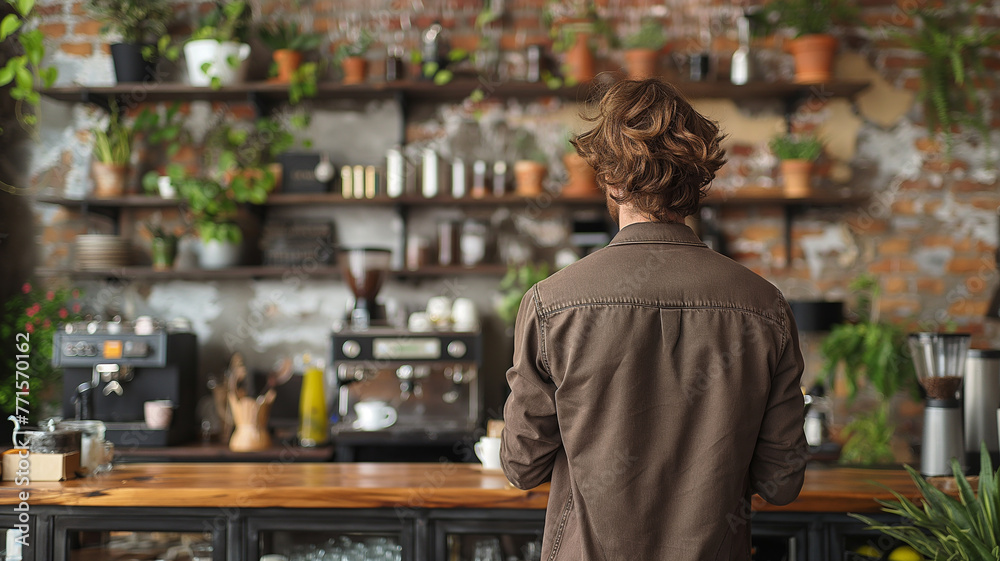 A back view of a barista making coffee in front of an espresso machine in a modern cafe kitchen