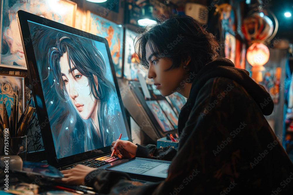 Fototapeta premium An artist drawing a webtoon on a large screen digital tablet