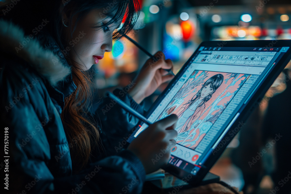 An artist drawing a webtoon on a large screen digital tablet An artist drawing a webtoon on a large screen digital tablet
