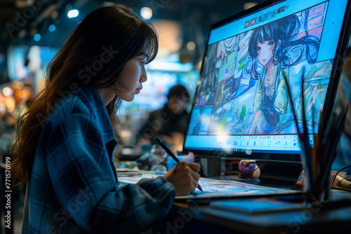 An artist drawing a webtoon on a large screen digital tablet