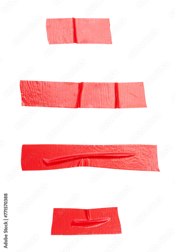 Top view set of wrinkled red adhesive vinyl tape or cloth tape in stripes shape isolated with clipping path in png file format