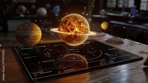Technological UI interface of an augmented reality AR educational app, showcasing interactive 3D models of the solar system with detailed information popups