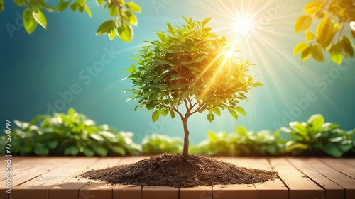 Small tree growing with sunshine in garden. eco concept bright, 