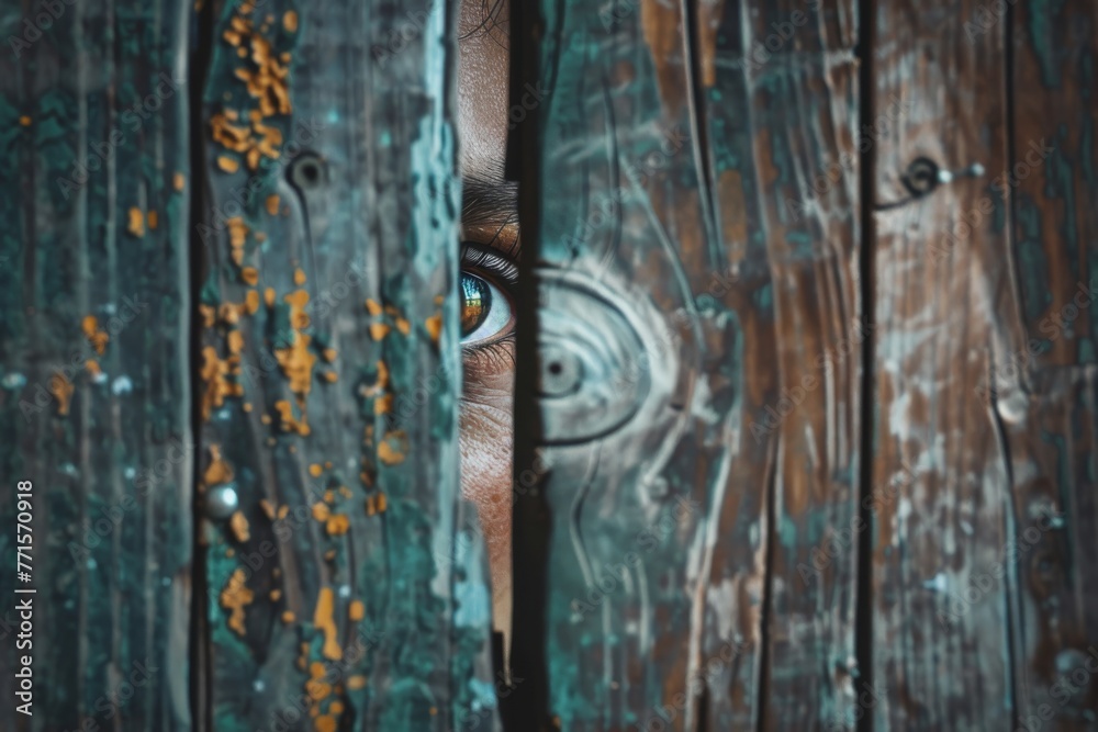 Close-up of wooden door with eye peeking through. Intriguing and mysterious image.
