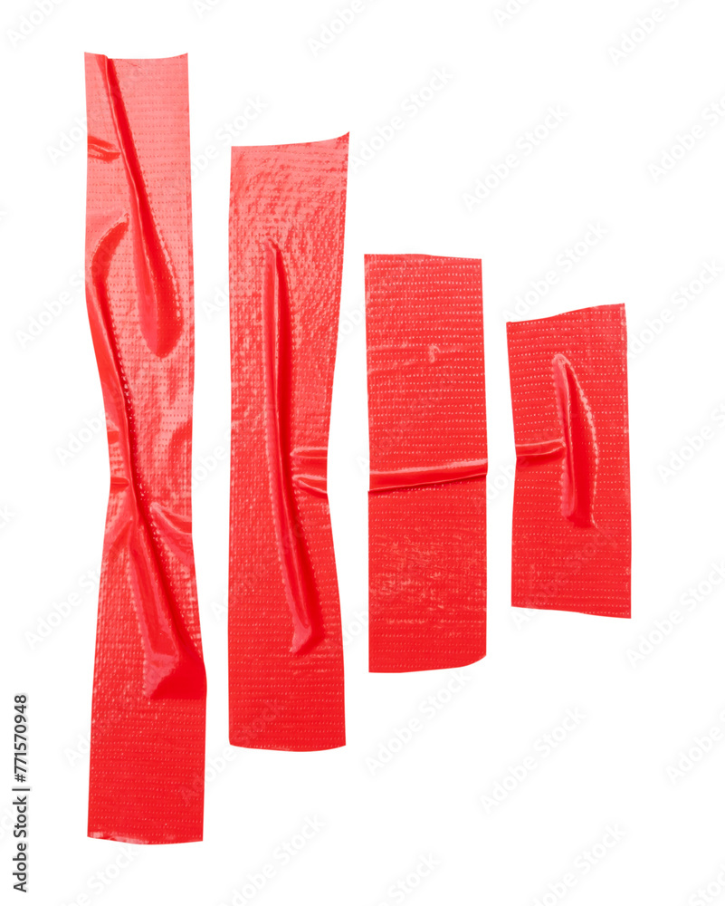 Top view set of wrinkled red adhesive vinyl tape or cloth tape in stripes shape isolated with clipping path in png file format Top view set of wrinkled red adhesive vinyl tape or cloth tape in stripes shape isolated with clipping path in png file format