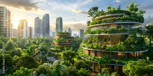 futuristic cityscape full with greenery parks and green spaces in urban area. generative ai 