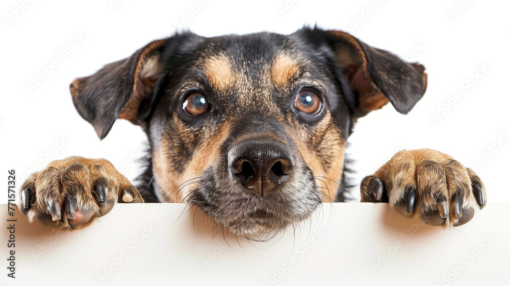 Dog with paws on surface peering over white wall. Curious canine on isolated backdrop