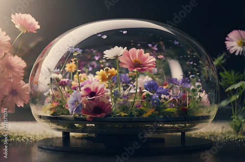 Flowers inside a glass bubble. AI-generative illustration