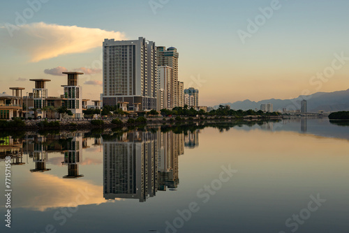 Ras al Khaimah emirate  viewin the northern United Arab Emirates  cityscape landmark and skyline view above the mangrove and corniche downtown area at dawn