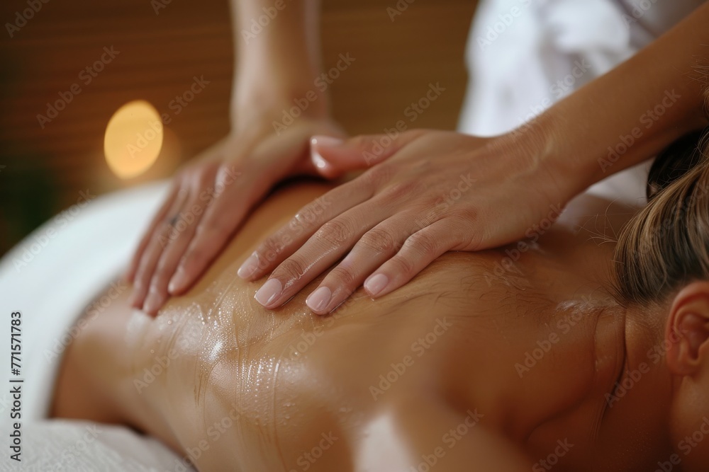 Naklejka premium Woman enjoying a relaxing back massage at the spa. Indulge in self-care and rejuvenation.