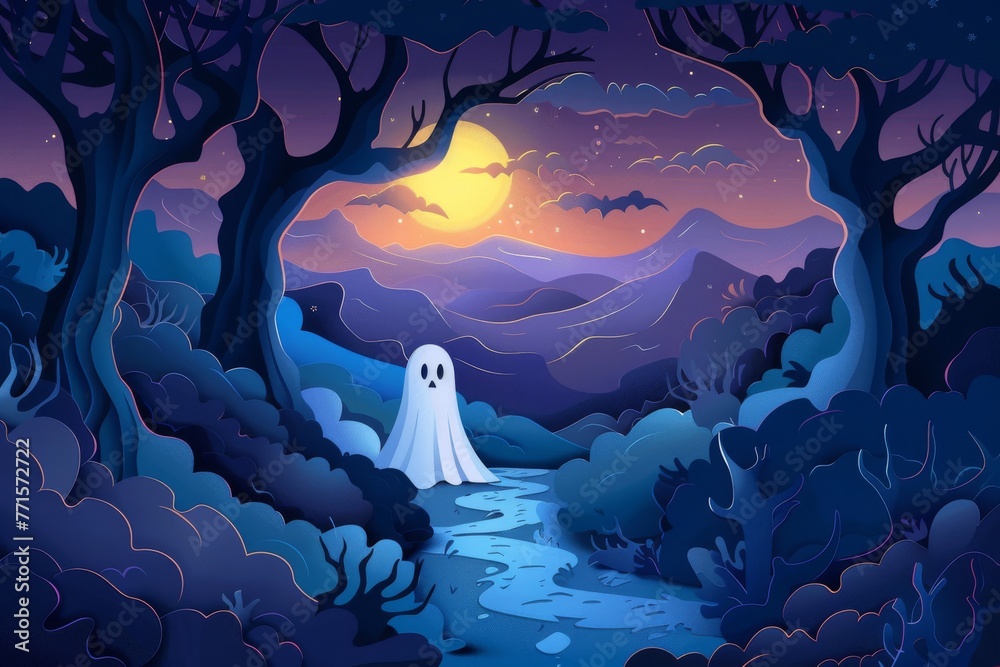 Vector illustration: Halloween night background with spooky ghost against night sky. Paper art style adds an eerie touch.