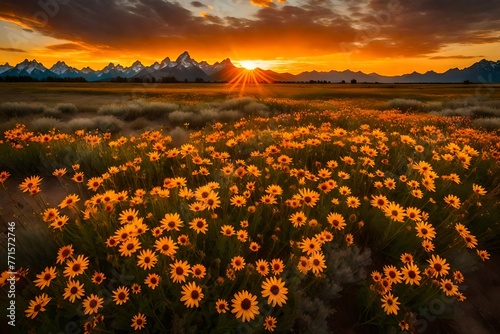 A flaming sunset over a field of wildflowers at Grand Teton National Park, Wyoming. The arrowleaf balsamroot blooms. These fields are there for a few weeks in June. photo