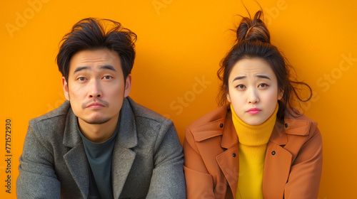 Portrait of Asian man and woman with bored and disgruntled expressions. generative ai illustration.