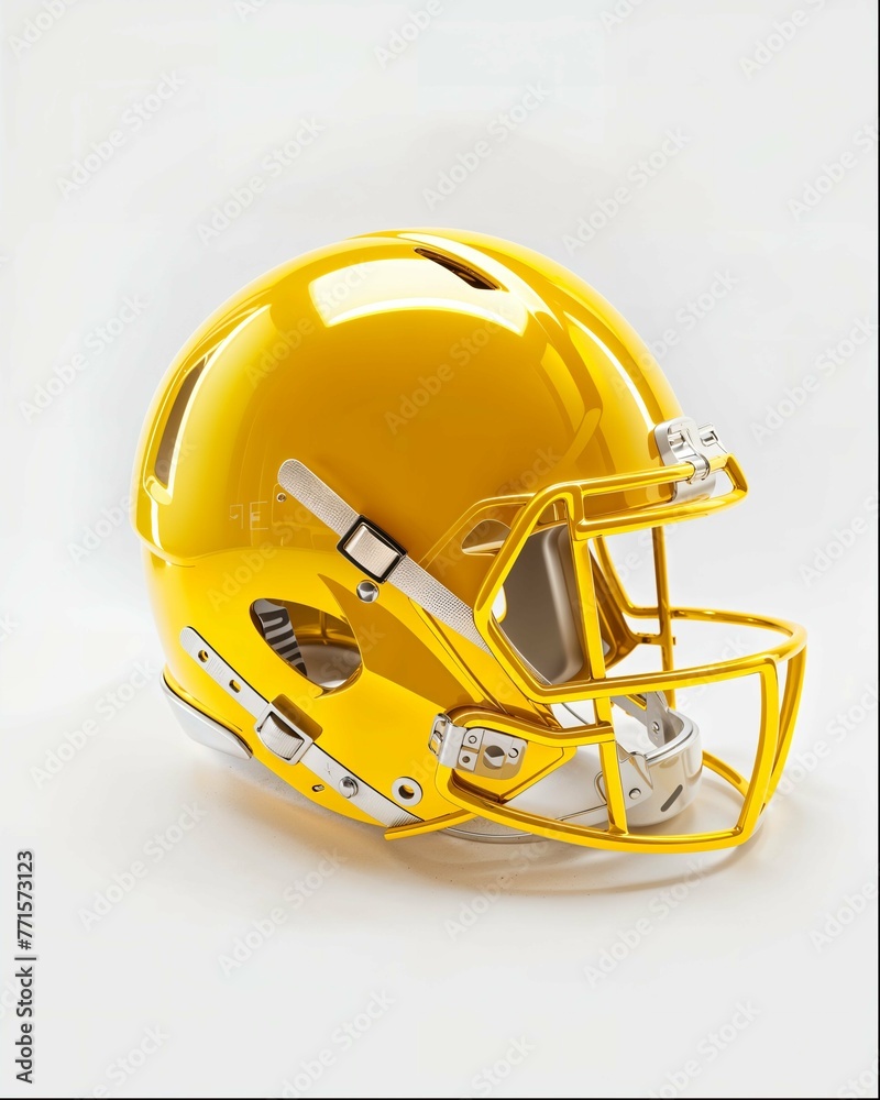 Fototapeta premium A gold metal football helmet with a black visor and eye cups is displayed on a white background. It has an industrial design style that gives it a high quality look.