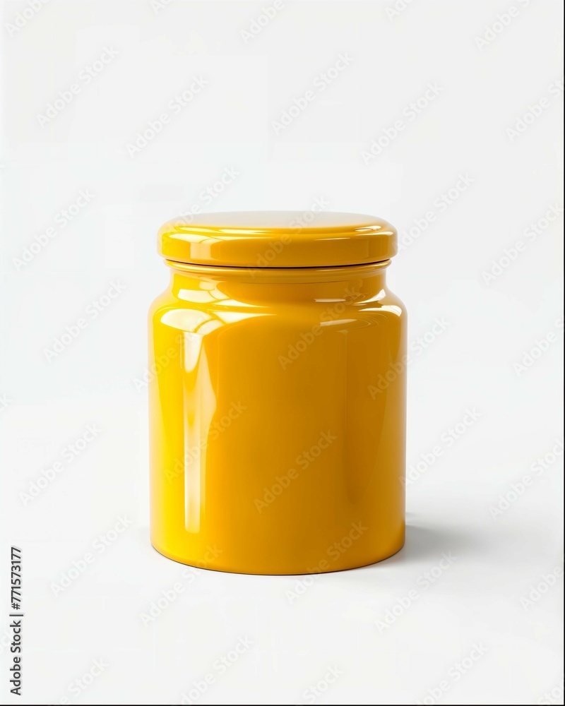 A yellow jar with a lid, product photography in the style of minimalist, white background, simple design, solid color background, clean and tidy