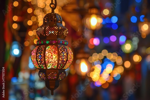 Colorful traditional lantern with a blurred background of lights.