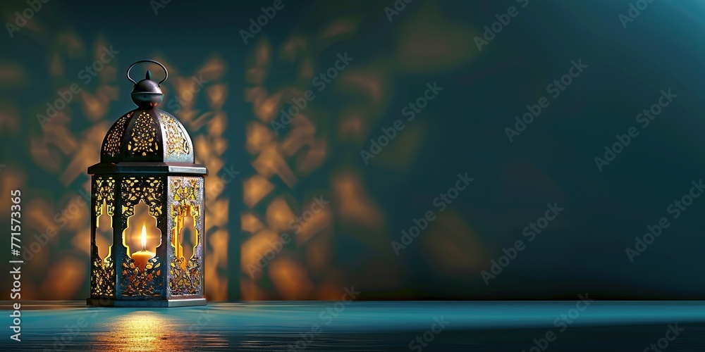 Traditional lantern illuminating with its candle, set against an ornate patterned backdrop. - obrazy, fototapety, plakaty 