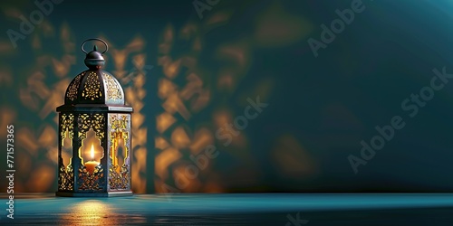 Traditional lantern illuminating with its candle, set against an ornate patterned backdrop.