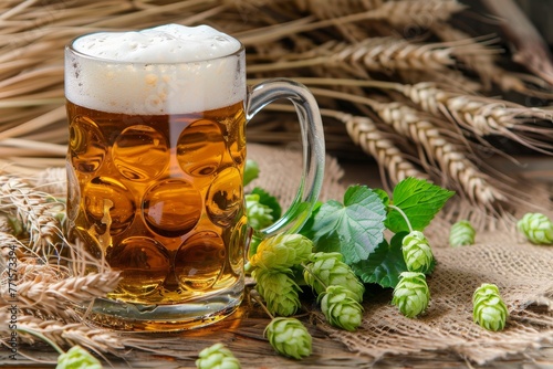 Beer mug beside wheat and hops. Ideal for brewery ads or Oktoberfest promotions.