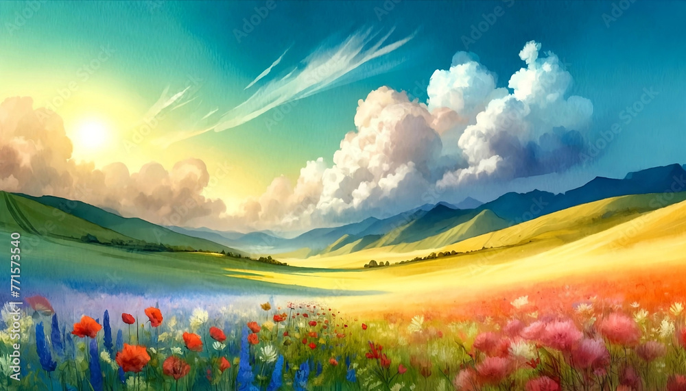 Landscape painting depicting a bright, sunny day with a clear blue sky filled with fluffy clouds.