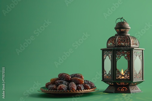 An ornate lantern with a lit candle beside a plate of dates.