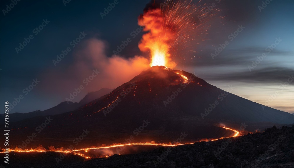 Volcan explosion lava de noche paisaje fuego - obrazy, fototapety, plakaty 
