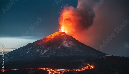 Volcan explosion lava de noche paisaje fuego photo