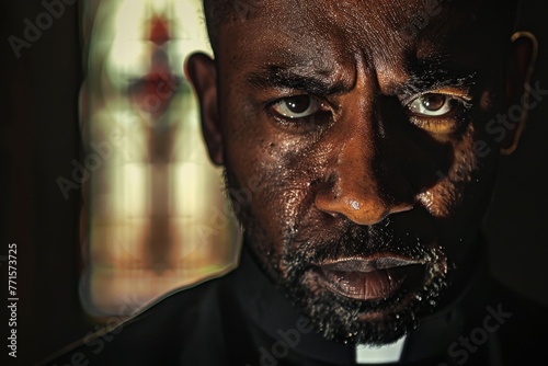 portrait of a dark-skinned priest. dynamic exciting photo  light lighting