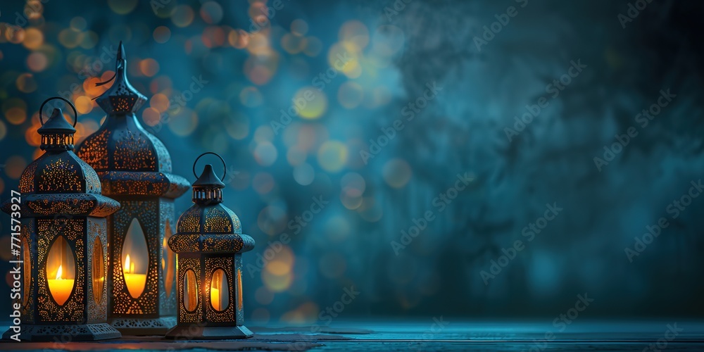Traditional lanterns glow, casting intricate patterns on a wooden surface with a bokeh background. Traditional lanterns glow, casting intricate patterns on a wooden surface with a bokeh background.