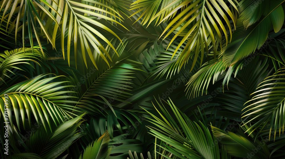 Tropical leaves Monstera and palm tree leaf. Flat lay, top view, generative ai